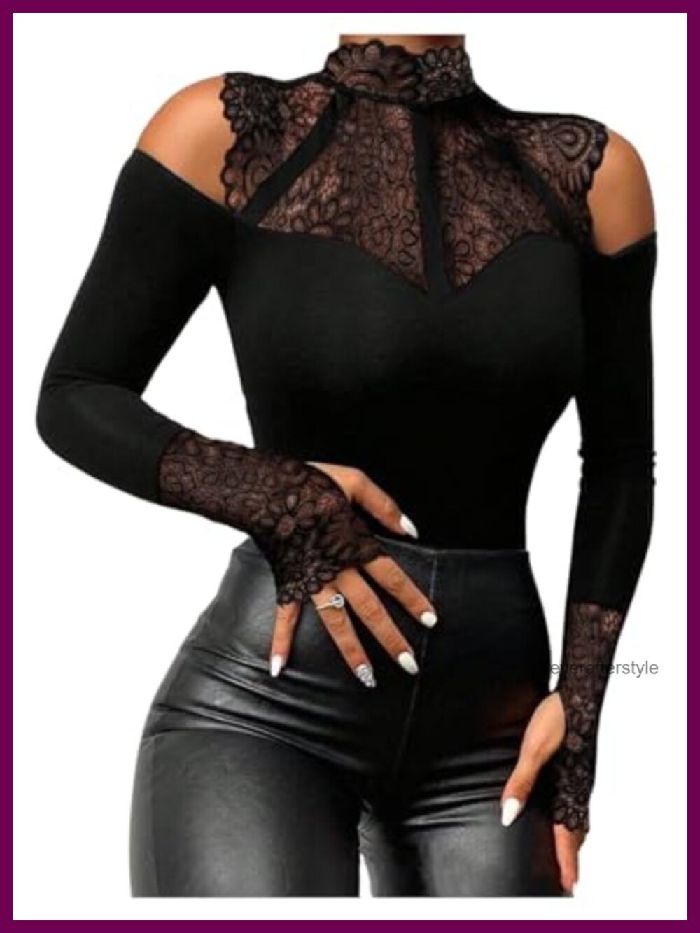 Lace Cold Shoulder Long Sleeve Mock Neck Top Goth Y2K Slim Fit